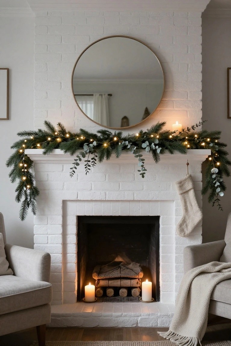 White brick fireplace mantel with draped layered pine and eucalyptus garland strung with fairy lights, a white stocking hanging from one end, candles on the hearth, two beige armchairs with a throw nearby, and a large round gold mirror above the mantel.