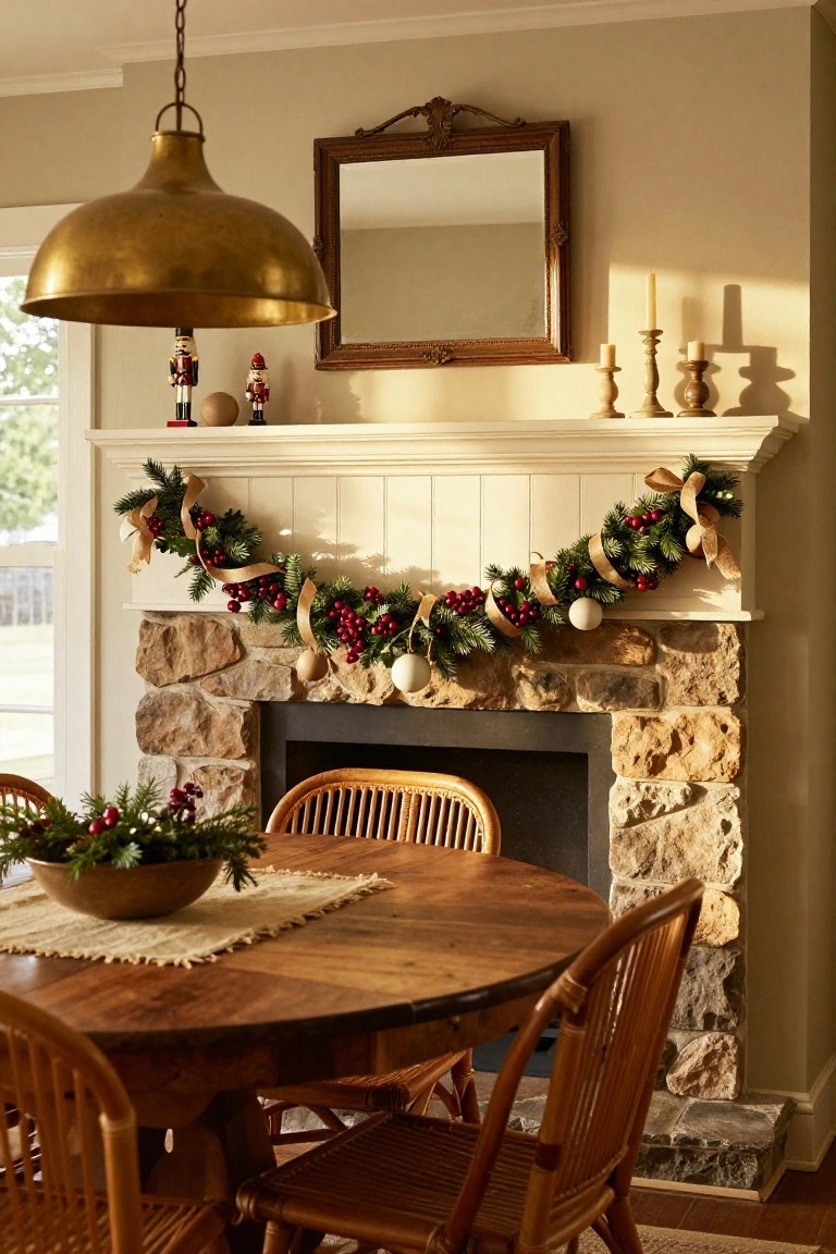 Stone fireplace mantel in a light-walled room decorated with layered evergreen garland, gold ribbons, red berries, and hanging white ornaments, next to a round wooden dining table with rattan chairs and a brass pendant light above.