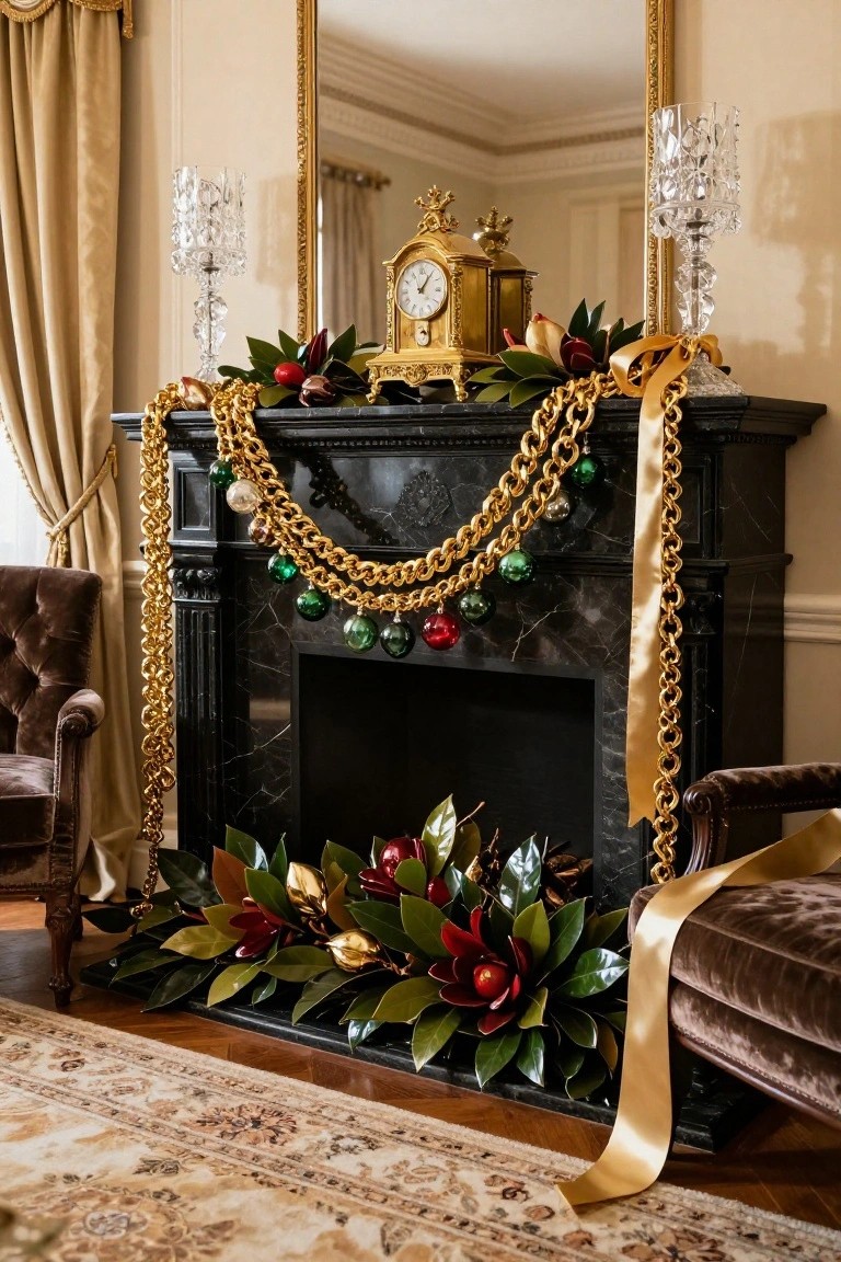 Black marble fireplace mantel decorated with multiple strands of thick gold chains draped across it, interspersed with green, clear, and red glass ornaments, yellow satin ribbons, and a base of red and gold magnolia leaves and flowers, with gold candelabras and clock on top.