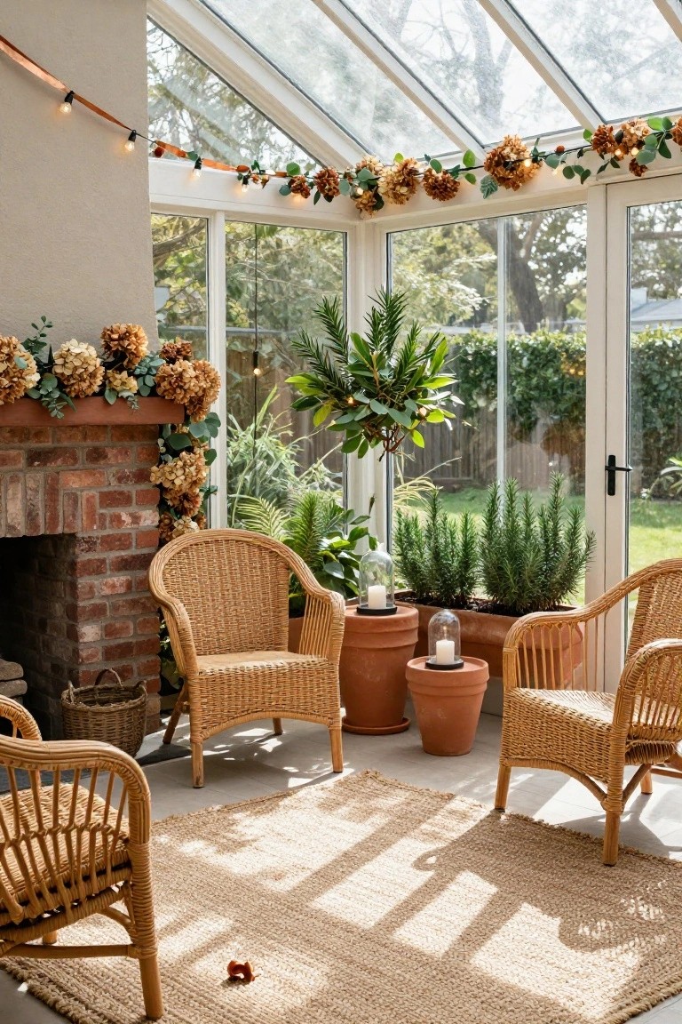 Sunroom interior with brick fireplace mantel decorated in layered garlands of dried beige hydrangeas and eucalyptus, rattan chairs grouped nearby, potted plants in terracotta pots, and glass walls overlooking a garden.