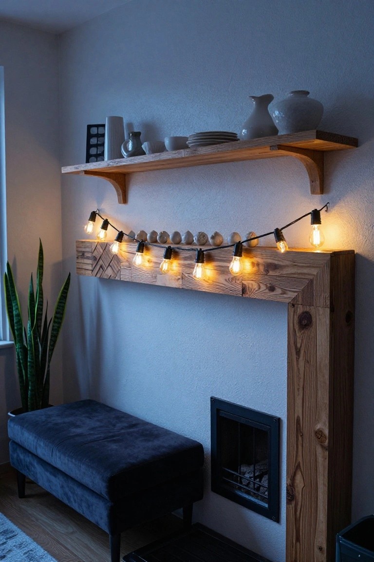 Wooden beam mantel above a fireplace decorated with a draped string of black-cord lights featuring warm Edison bulbs and small white ceramic birds threaded between them, wooden shelves with white pottery above, snake plant and blue velvet bench to the side.