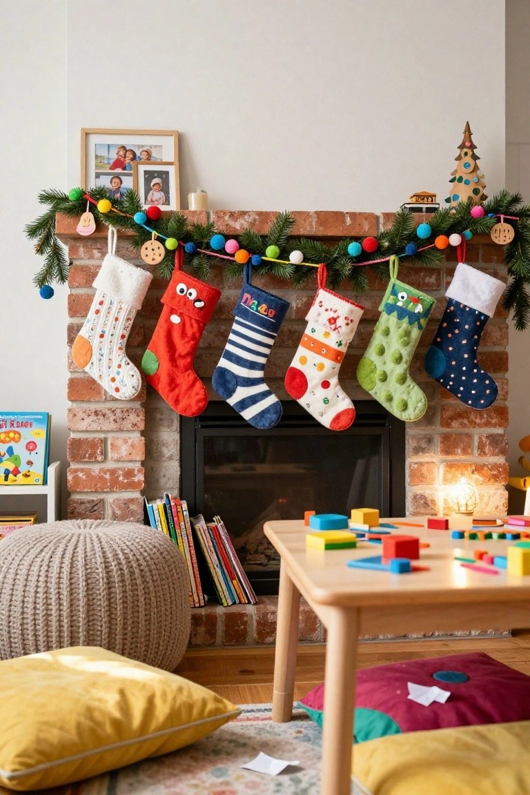 Brick fireplace mantel with layered garland of greenery and multicolored pom-poms, five patterned Christmas stockings hanging from hooks, wooden kids table with blocks nearby, and poufs on the floor.