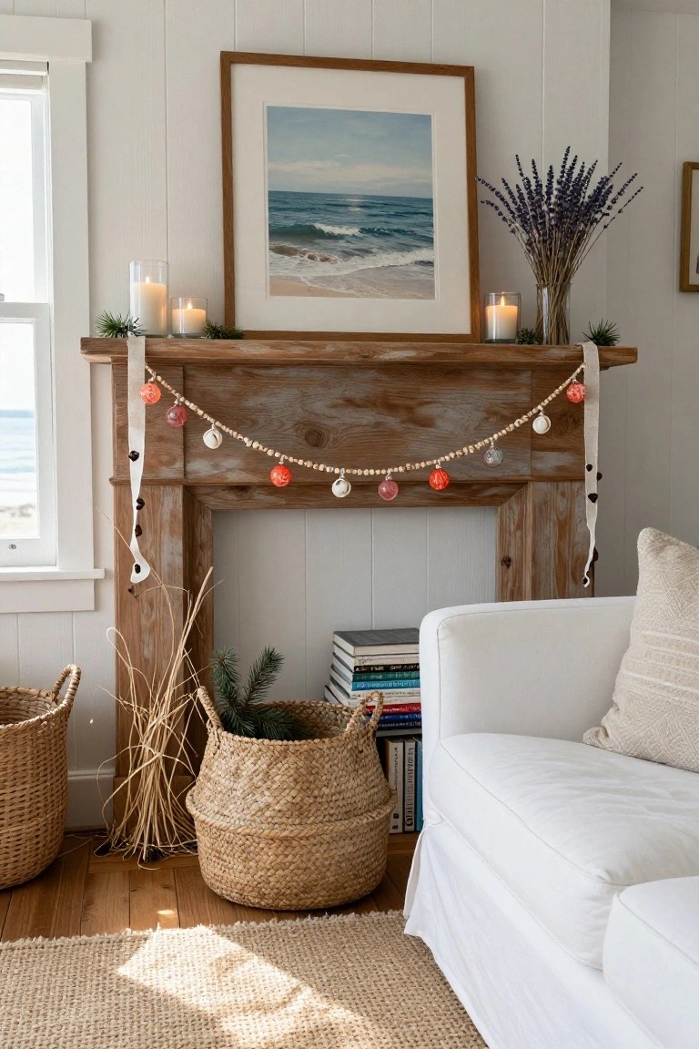 Living room with white shiplap walls and large ocean painting above a rustic wooden mantel decorated with white ribbon, wooden bead garland, glass ornaments, and bells, flanked by candles, lavender stems, seagrass, and baskets next to a white slipcovered sofa on hardwood floors with jute rug.