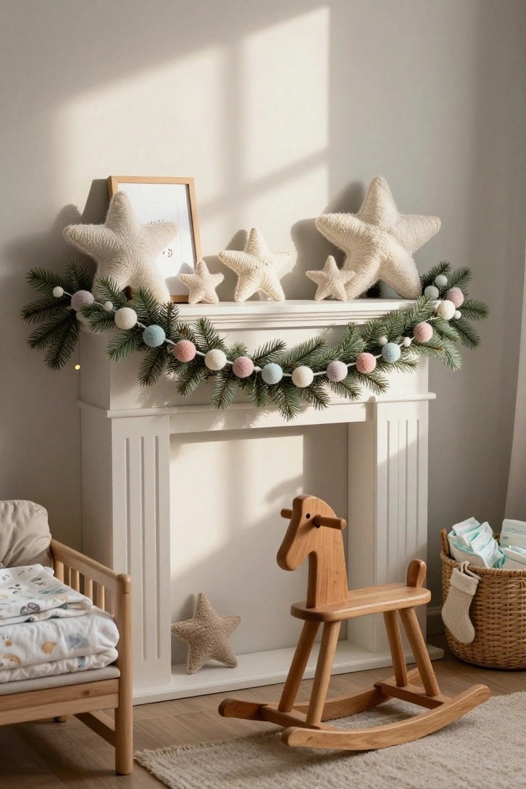White fireplace mantel decorated with layered garland of faux pine branches, pastel pom poms, and fairy lights, with plush star pillows nearby in a nursery featuring a wooden rocking horse and crib.