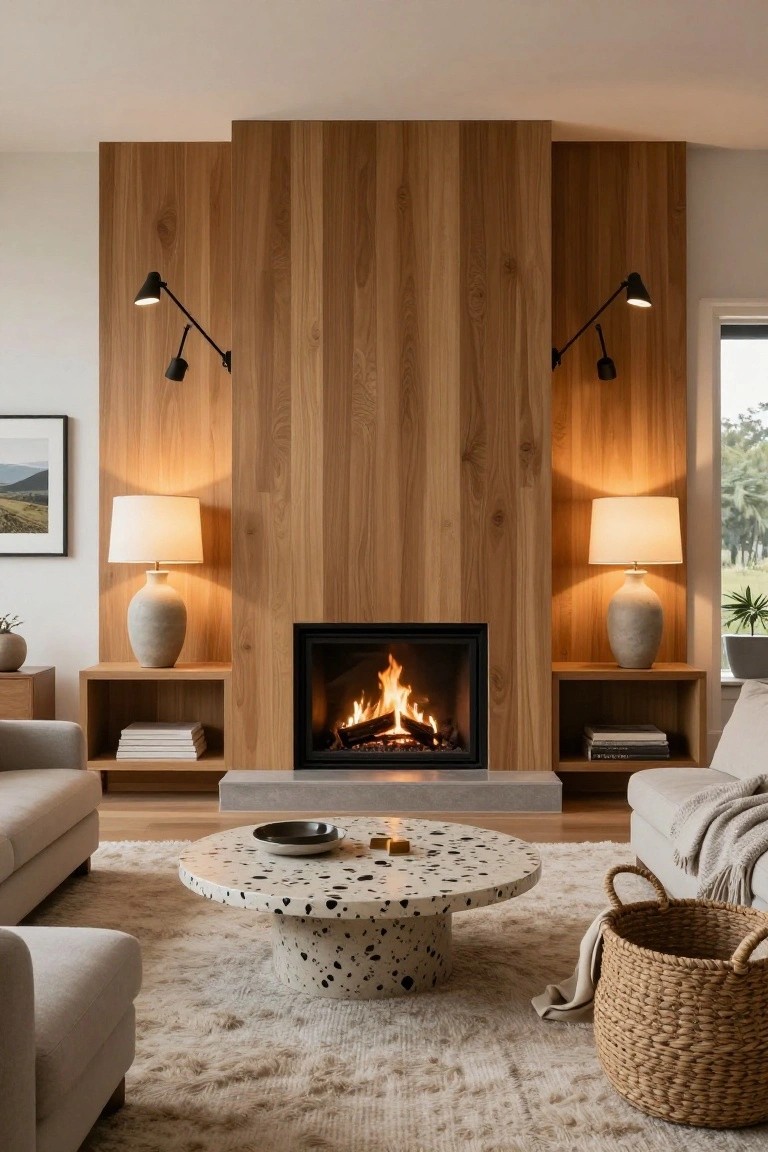 Modern living room featuring a central wood-paneled fireplace with black adjustable wall lamps mounted on the panels, white ceramic table lamps on built-in oak shelves, cream upholstered sofas, a round white terrazzo coffee table, and a beige rug.