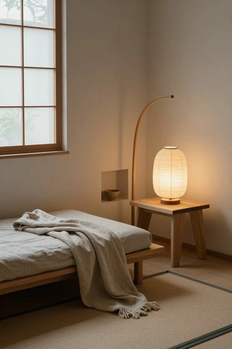 Minimalist bedroom corner featuring a low wooden futon bed with beige linen blanket, small wooden side table with arched floor lamp and white paper shade, built-in niche with ceramic bowl, tatami mat floor, and shoji window.