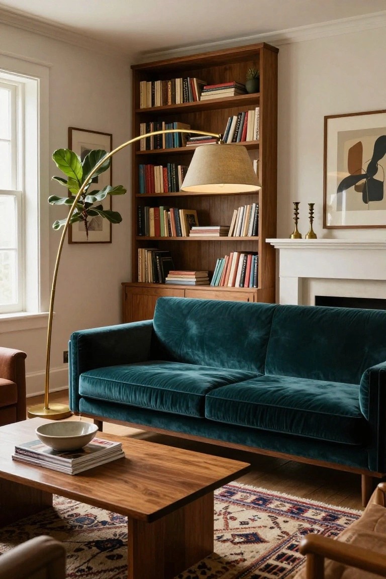 A living room corner with tall wooden bookshelves filled with books, a curved emerald green velvet sofa, low wooden coffee table holding a white bowl and magazines, gold arched floor lamp with a large fabric shade and fiddle leaf fig plant, white fireplace, and patterned rug.
