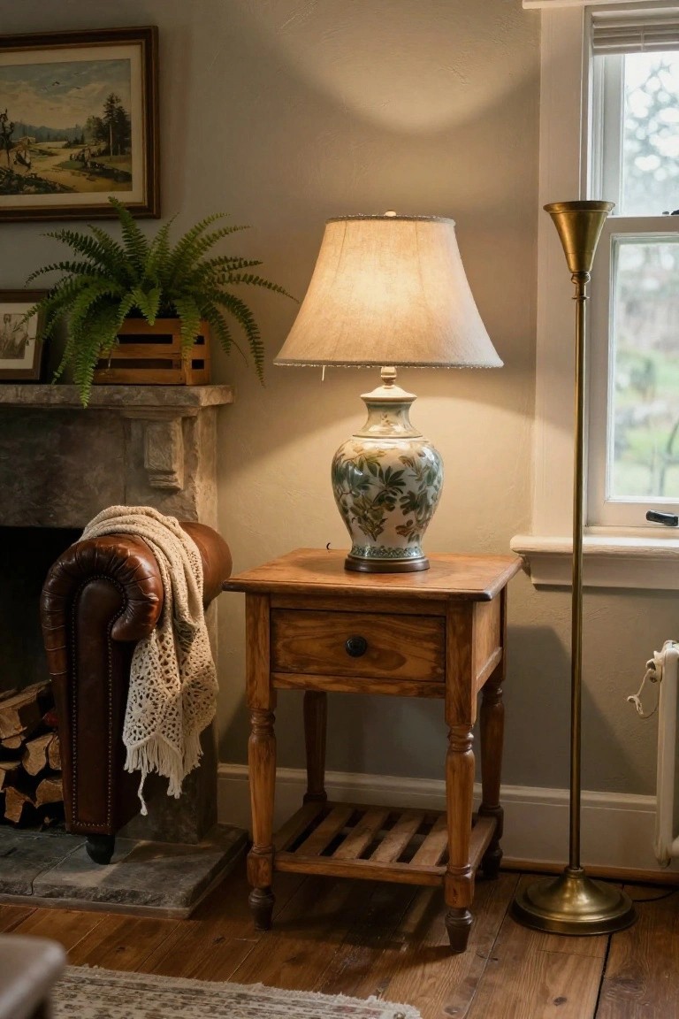Living room corner with tall ceramic vase lamp on wooden side table next to leather armchair by stone fireplace, potted fern in wooden crate, brass floor lamp, and window view.