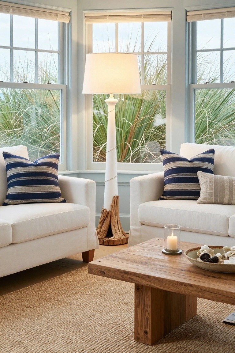 Living room with two white slipcovered sofas accented by navy striped pillows, a tall white-shade floor lamp on driftwood base, low wooden coffee table holding a candle and shell bowl, jute rug, and large windows showing sea grass outside.