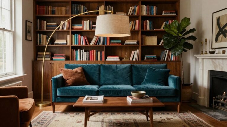 A living room corner with tall wooden bookshelves filled with books, a curved emerald green velvet sofa, low wooden coffee table holding a white bowl and magazines, gold arched floor lamp with a large fabric shade and fiddle leaf fig plant, white fireplace, and patterned rug.