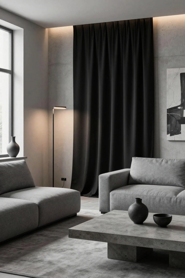 Modern living room with two gray fabric sofas around a low concrete coffee table, tall slim floor lamp casting warm light, black floor-to-ceiling curtains, concrete walls, and ceramic vases.