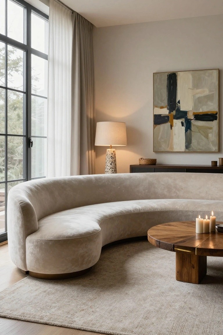 Modern living room corner featuring a curved beige sofa, tall floor lamp with textured ceramic base and cream shade, round wooden coffee table with white candles, sheer curtains on black-framed windows overlooking trees, and abstract beige painting on wall.