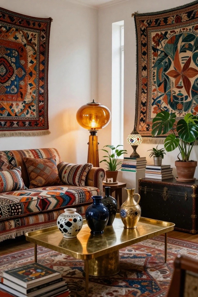 A living room corner with a low colorful patterned sofa, brass coffee table holding ceramic vases, stacks of books, potted plants, hanging patterned textiles on walls, and a tall amber glass globe floor lamp with brass base.