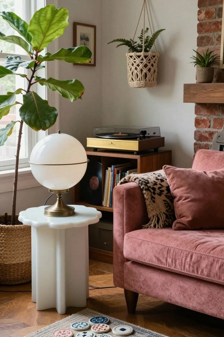 Living room corner featuring a large white glass globe table lamp with brass base on a white sculptural side table next to a pink velvet sofa, with plants, a record player cabinet, and brick wall accents.