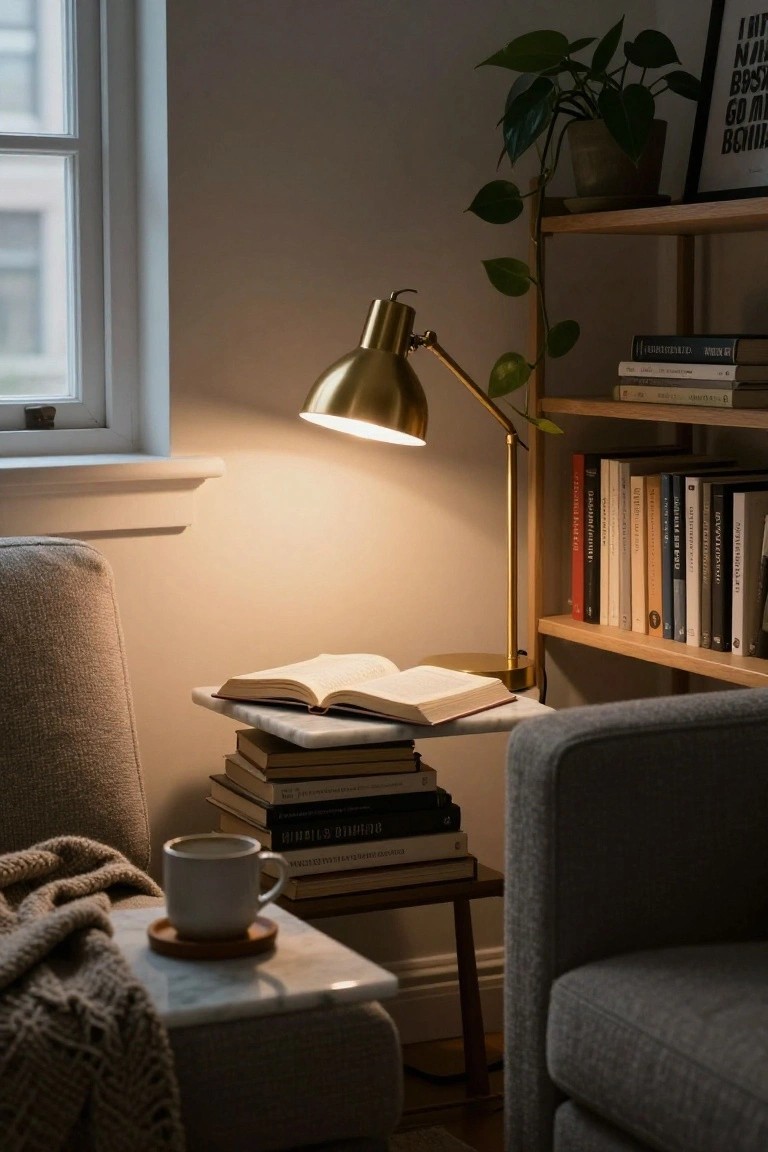 Gold gooseneck lamp on a marble side table with stacked books and an open book, next to a gray armchair in a living room corner with wooden shelves, potted plant, and white mug.