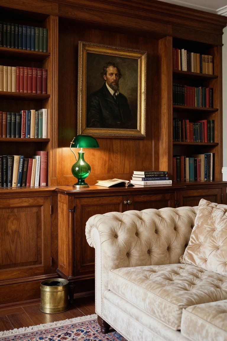 Wood-paneled library room with floor-to-ceiling bookshelves, gold-framed portrait of a bearded man, green glass banker's lamp on a desk with open books and stacked volumes, tufted cream sofa, brass wastebasket, and Persian rug on hardwood floor.