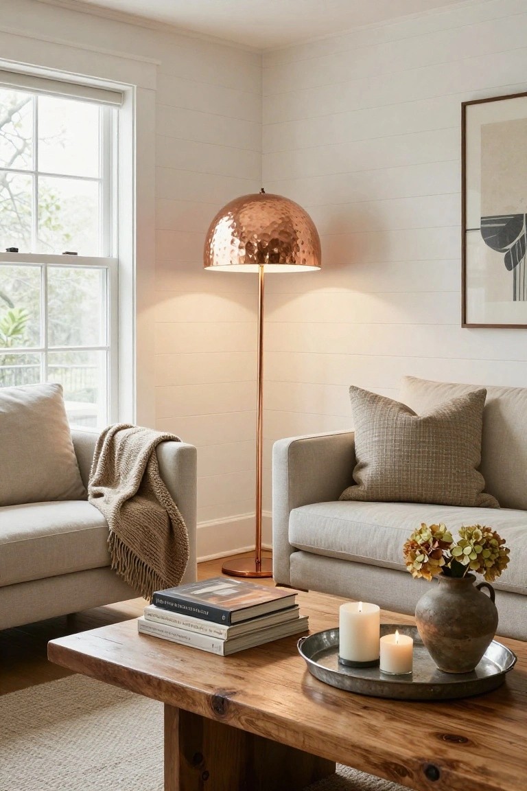 A living room corner with a tall floor lamp featuring a hammered copper shade next to a beige sofa draped with a throw, a wooden coffee table holding stacked books, candles in a tray, and a terracotta vase with yellow flowers, against white shiplap walls and a window.