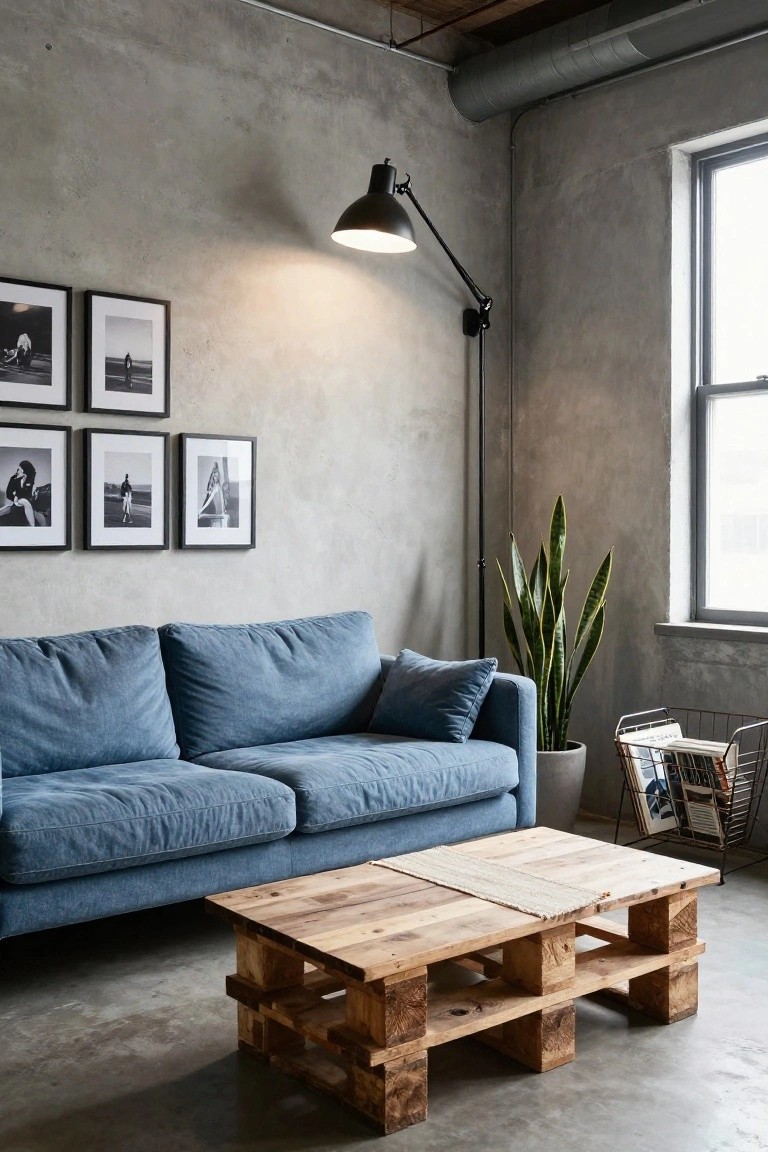 Living room corner with blue sofa, wooden pallet coffee table, tall snake plant in gray pot, adjustable black metal arm lamp with white shade, black-framed photos on concrete wall, and metal magazine rack.