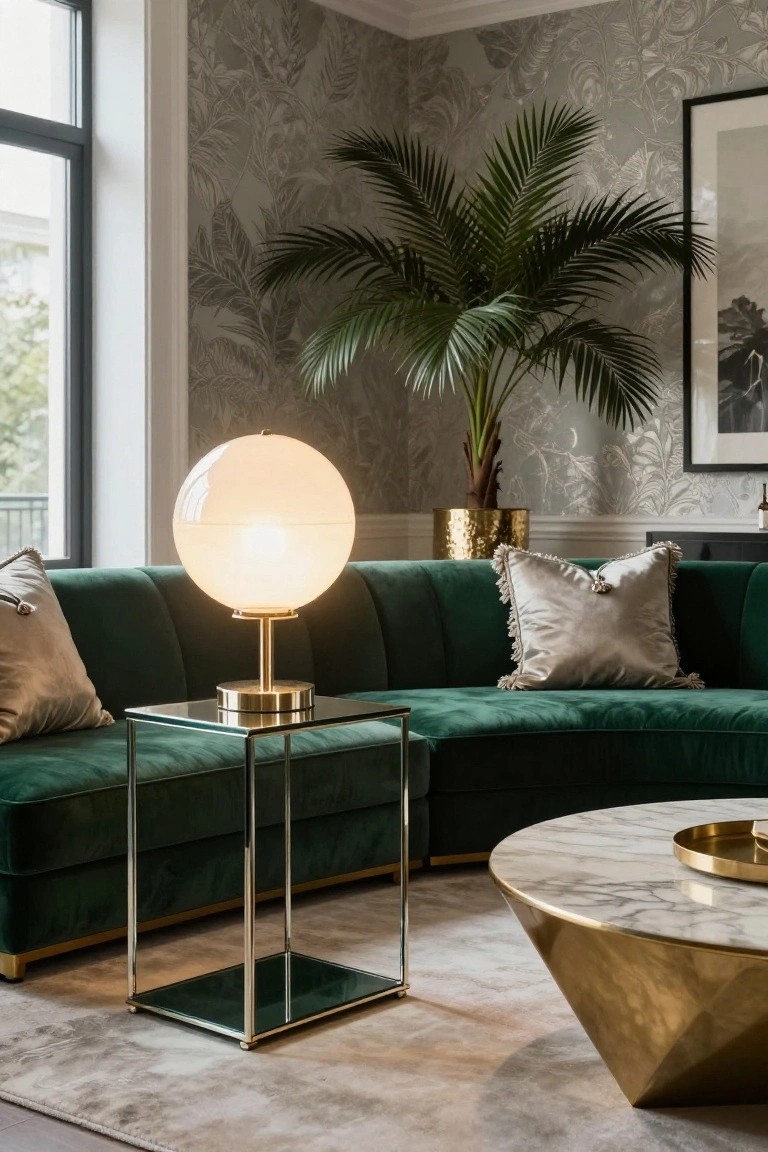 Living room corner with curved emerald green velvet sofa, large white frosted globe table lamp on brass pedestal atop glass side table, faceted gold coffee table, potted palm in gold pot, and gray wallpaper with tropical leaf pattern.