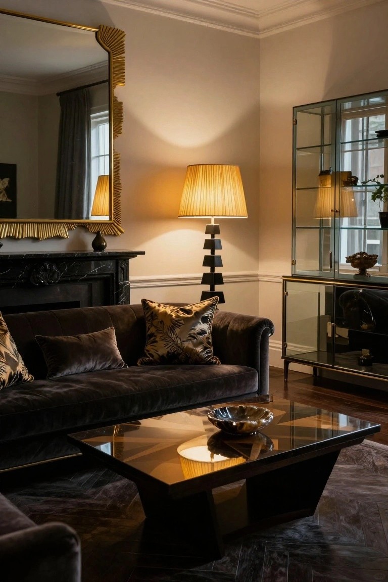 Living room interior with dark velvet sofa, geometric glass coffee table, marble fireplace, large gold mirror, glass display cabinet, and tall black floor lamp with cream pleated shade.