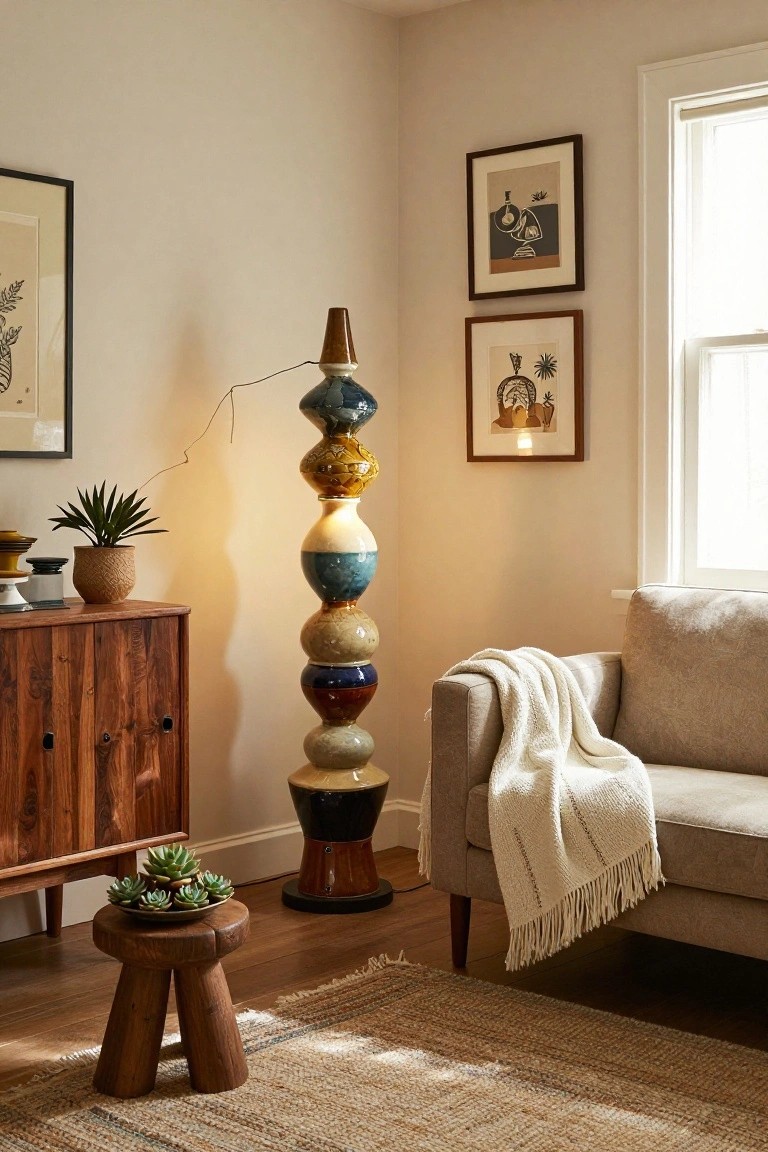 A tall floor lamp made of stacked colorful ceramic globes stands in a beige living room corner next to a wood credenza, potted plants, a beige sofa with white throw, and framed artwork on the walls.