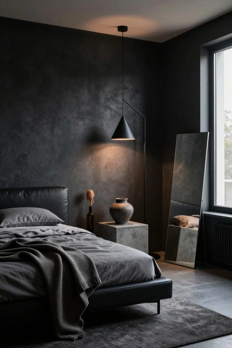 Modern bedroom with black leather platform bed draped in gray linens, tall black floor lamp featuring conical shade casting warm light, full-length mirror by window, concrete pedestal holding vase and bottle, textured dark walls, and gray rug on concrete floor.