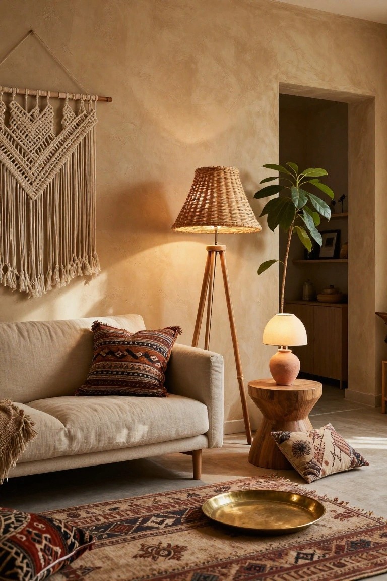 Beige living room with linen sofa, patterned pillows and throw, tall rattan tripod floor lamp, smaller table lamp on wood stool, macrame wall hanging, potted plant, and Persian rug on tiled floor.