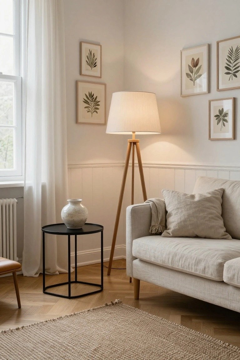 A neutral living room corner featuring a beige linen sofa, wooden tripod floor lamp with white shade, black metal side table with ceramic vase, botanical prints on walls, sheer curtains at window, and hardwood floor with jute rug.