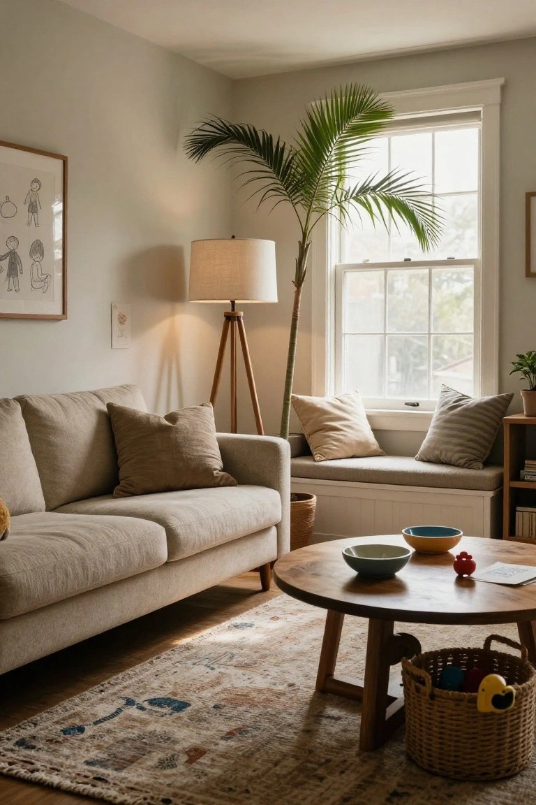 A light gray living room with a beige sofa, wooden tripod floor lamp lit beside a tall potted palm plant next to a window, round wooden coffee table holding bowls and toys, window seat, and patterned rug.