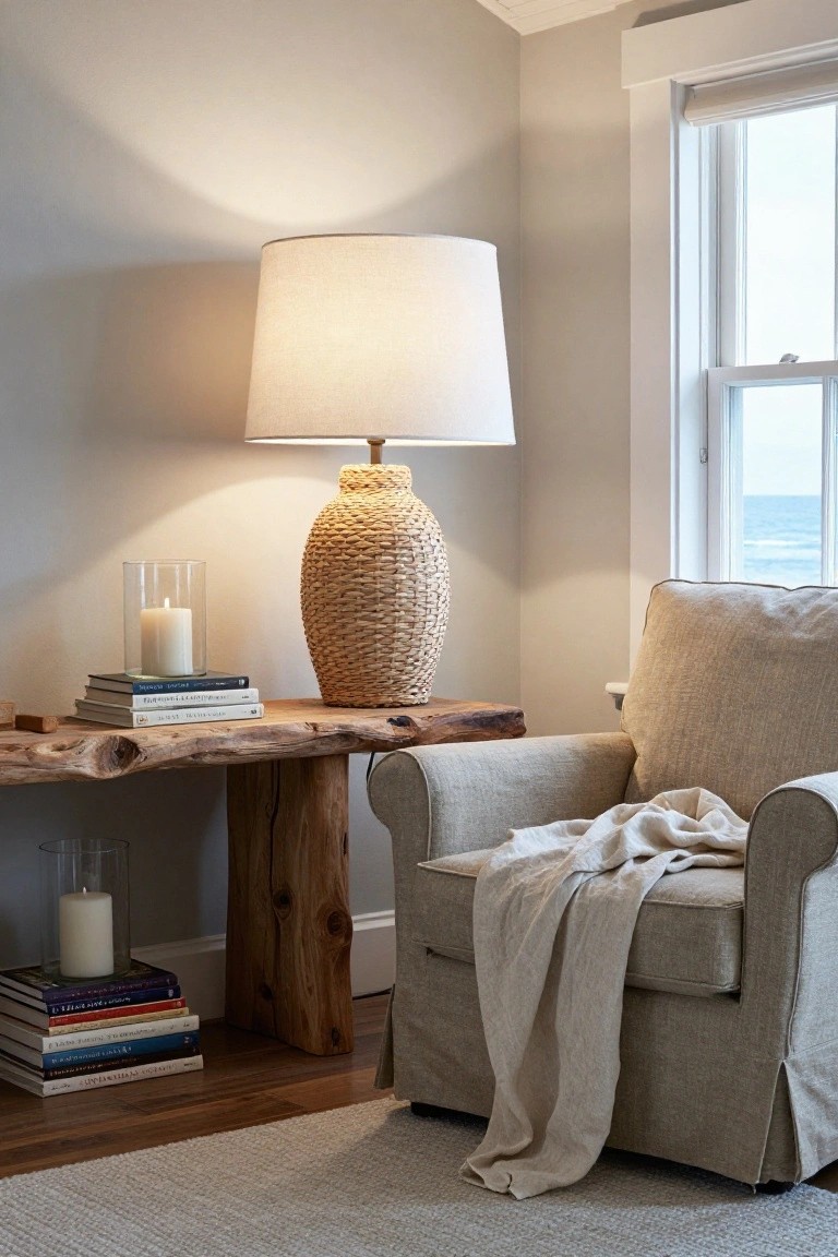 Corner of a living room with a tall woven seagrass floor lamp on a rustic live-edge wood side table beside a beige slipcovered armchair draped with a white throw, stacks of books and glass candles on the table, neutral walls, and a window showing the ocean.