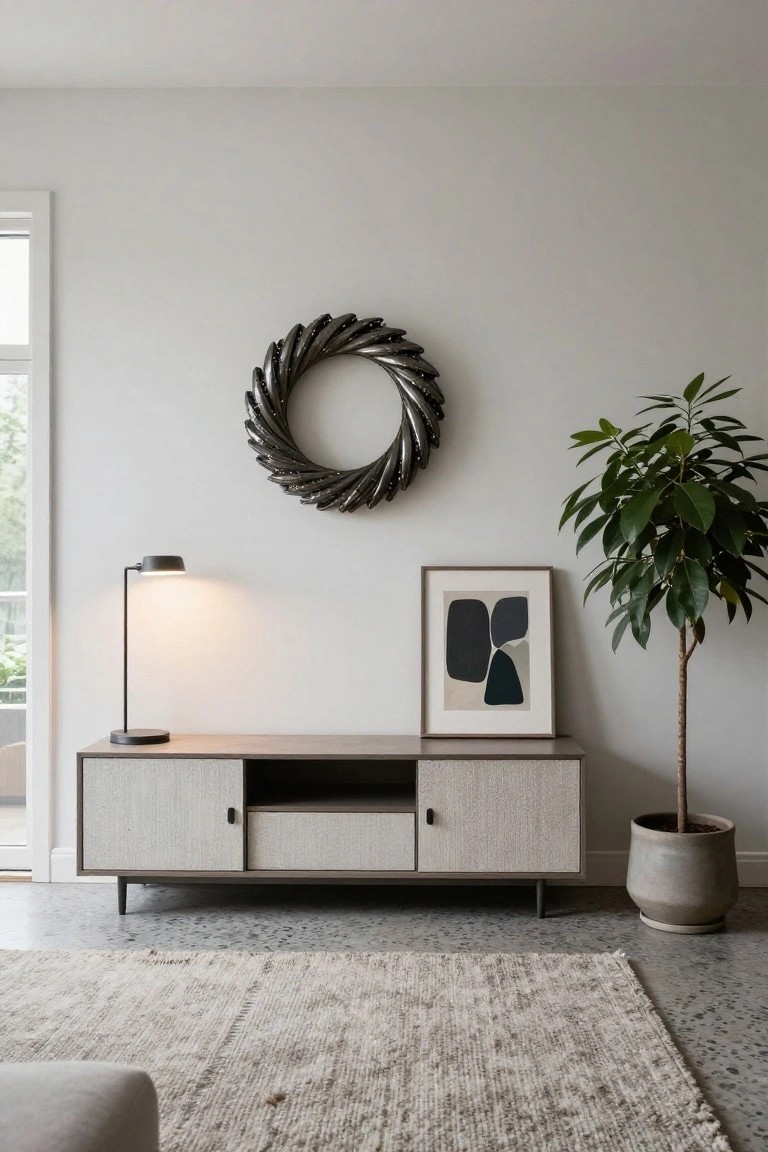 Modern living room interior with a large sculptural metallic wreath on a white wall above a low textured wood media console, black desk lamp, abstract black and gray framed art, tall potted green plant in ceramic pot, neutral woven rug, and terrazzo floor.