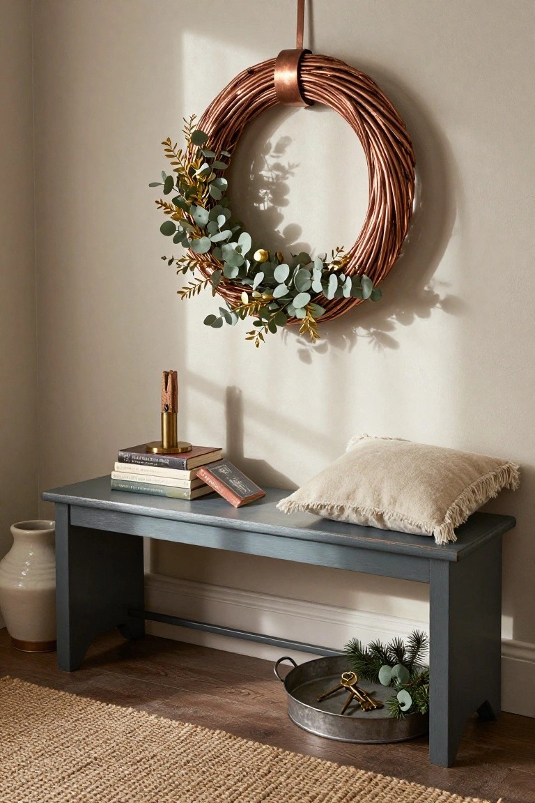 Copper wire wreath with green and gold eucalyptus leaves hanging on a beige wall above a gray-blue wooden bench with stacked books, brass candle holder, cream fringed pillow, white vase on floor, and metal tray with keys and greenery.