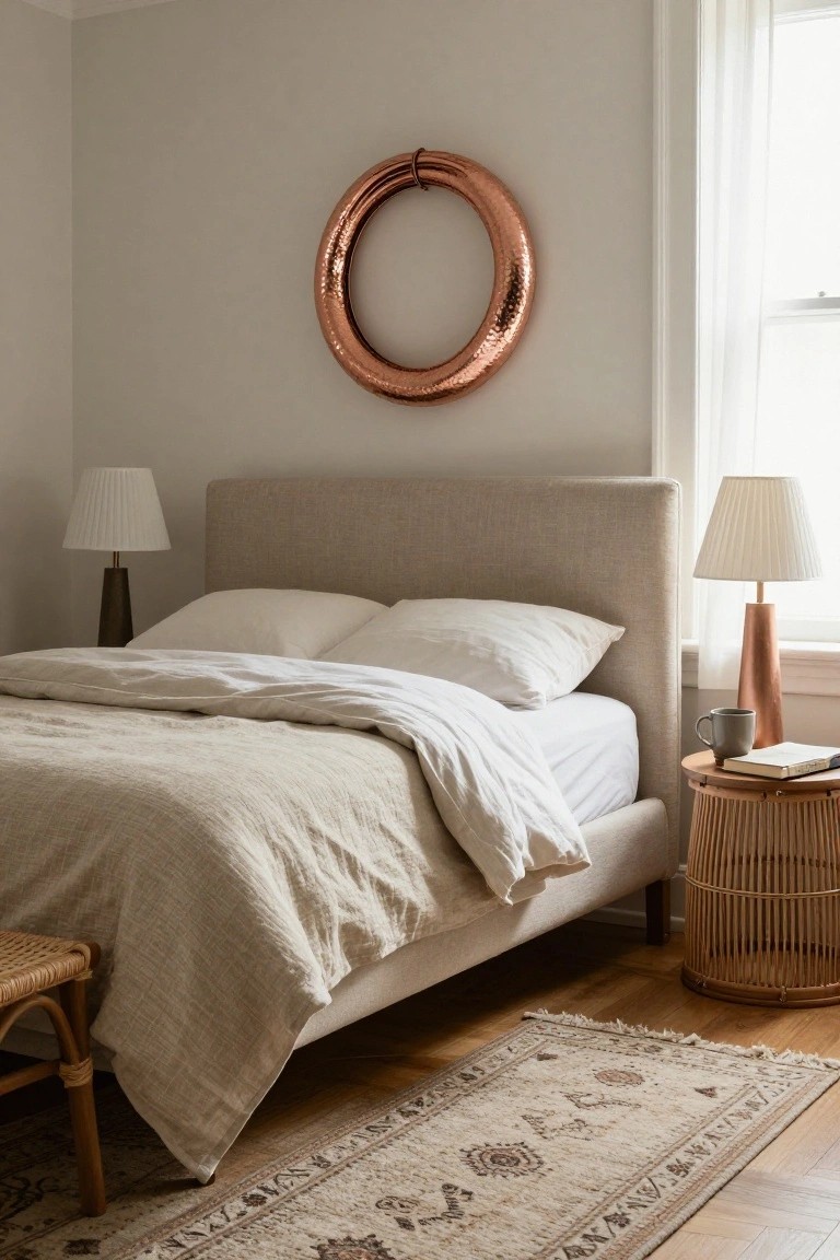 Bedroom interior with beige upholstered headboard, white bedding on a low bed, two lamps on wooden bases, rattan furniture, a small rug, and a large hammered copper ring wreath mounted on the wall above the bed.