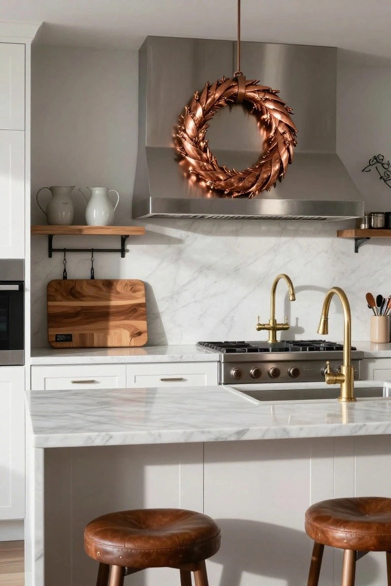 Modern white kitchen with marble counters and backsplash, stainless steel range hood with large hanging copper leaf wreath, gold faucets, wooden cutting board, and two leather bar stools at the island.