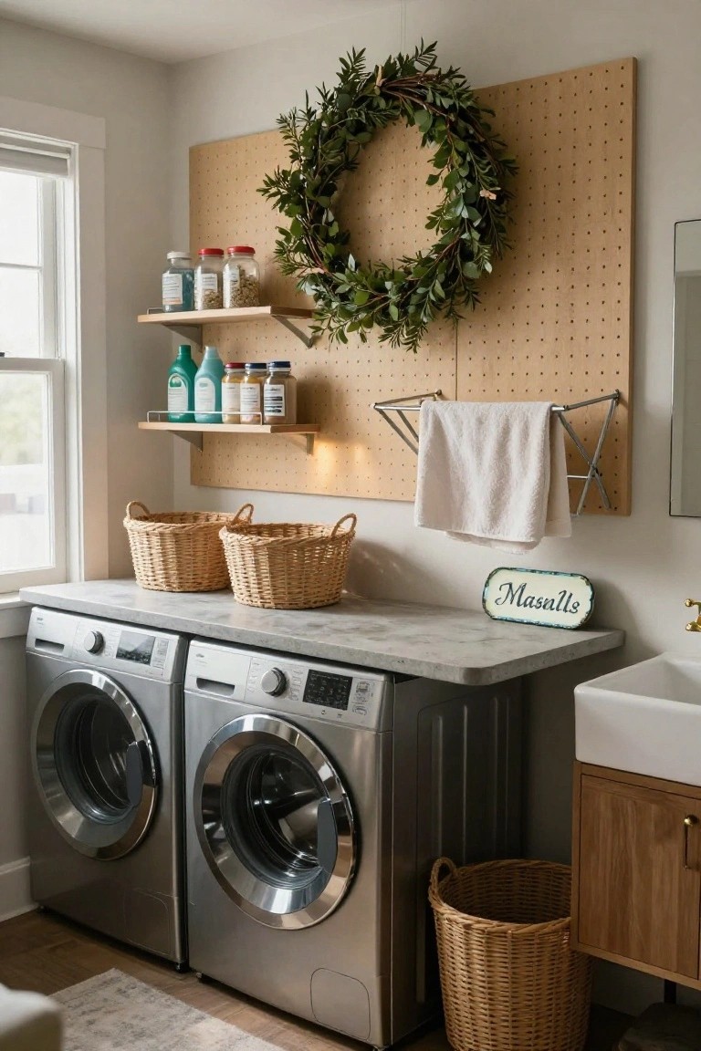 Laundry room interior with two stainless steel front-loading washers on a gray countertop, white pedestal sink, wooden pegboard wall holding a green eucalyptus wreath, shelves with laundry bottles and jars, drying rack with towel, and wicker baskets.