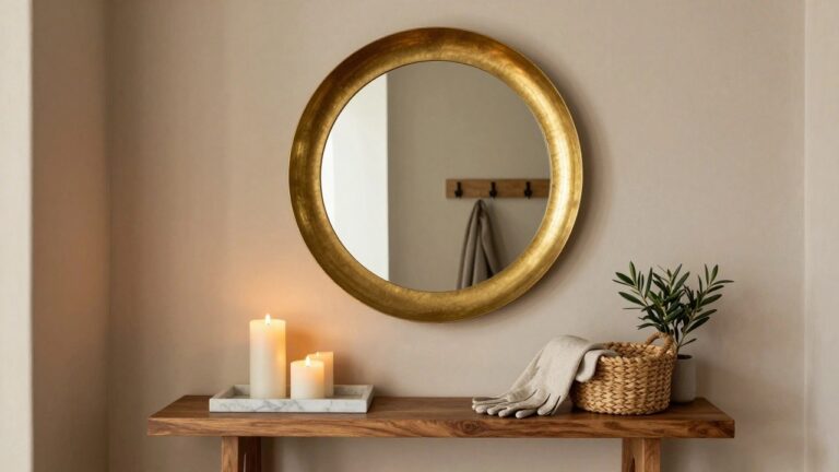 Round gold scalloped mirror on taupe wall above wooden console table with white candles on marble tray, potted olive plant in woven basket, beige gloves, and linen throw draped over edge