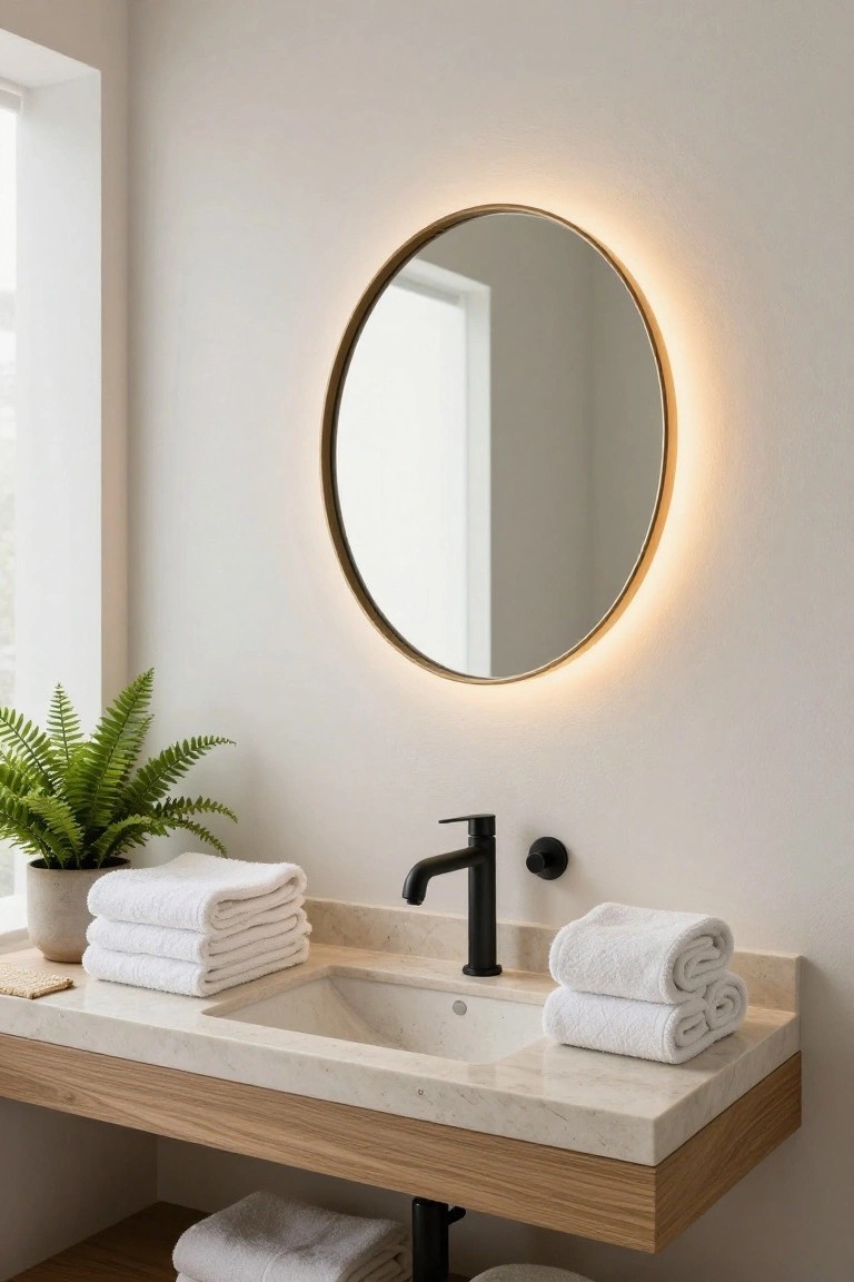 Modern bathroom with floating oak vanity, white marble countertop, round white sink, matte black faucet, gold-rimmed round mirror with LED backlighting, folded white towels, potted fern plant, and white walls.