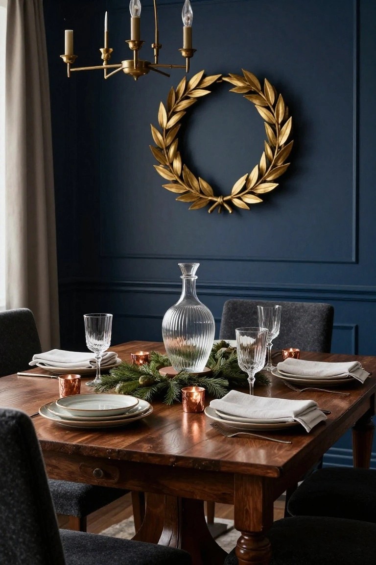 Dining room with navy blue paneled wall displaying large gold laurel leaf wreath above wooden table set with white plates, wine glasses, copper candle holders, clear carafe, and pine branches.