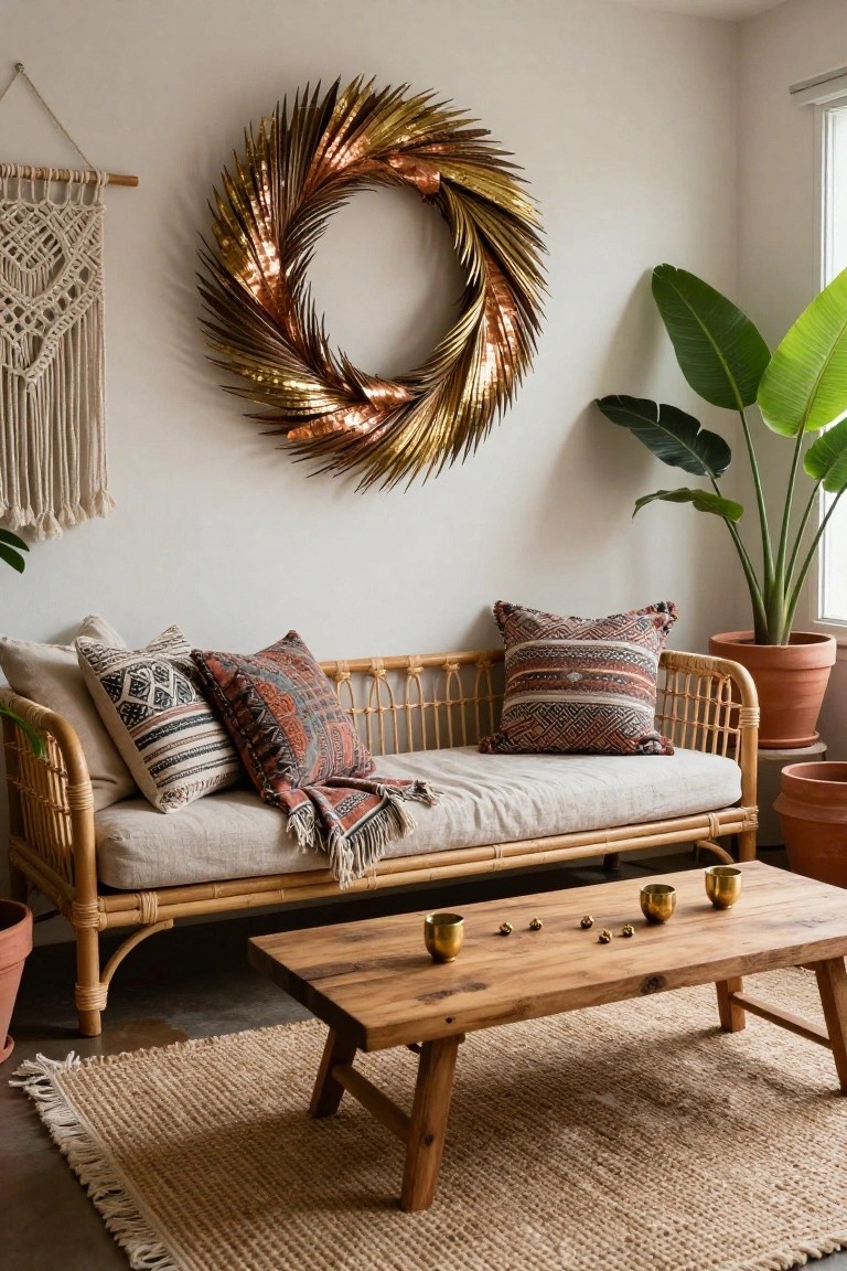 Gold Leaf Wreath Over Rattan Sofa