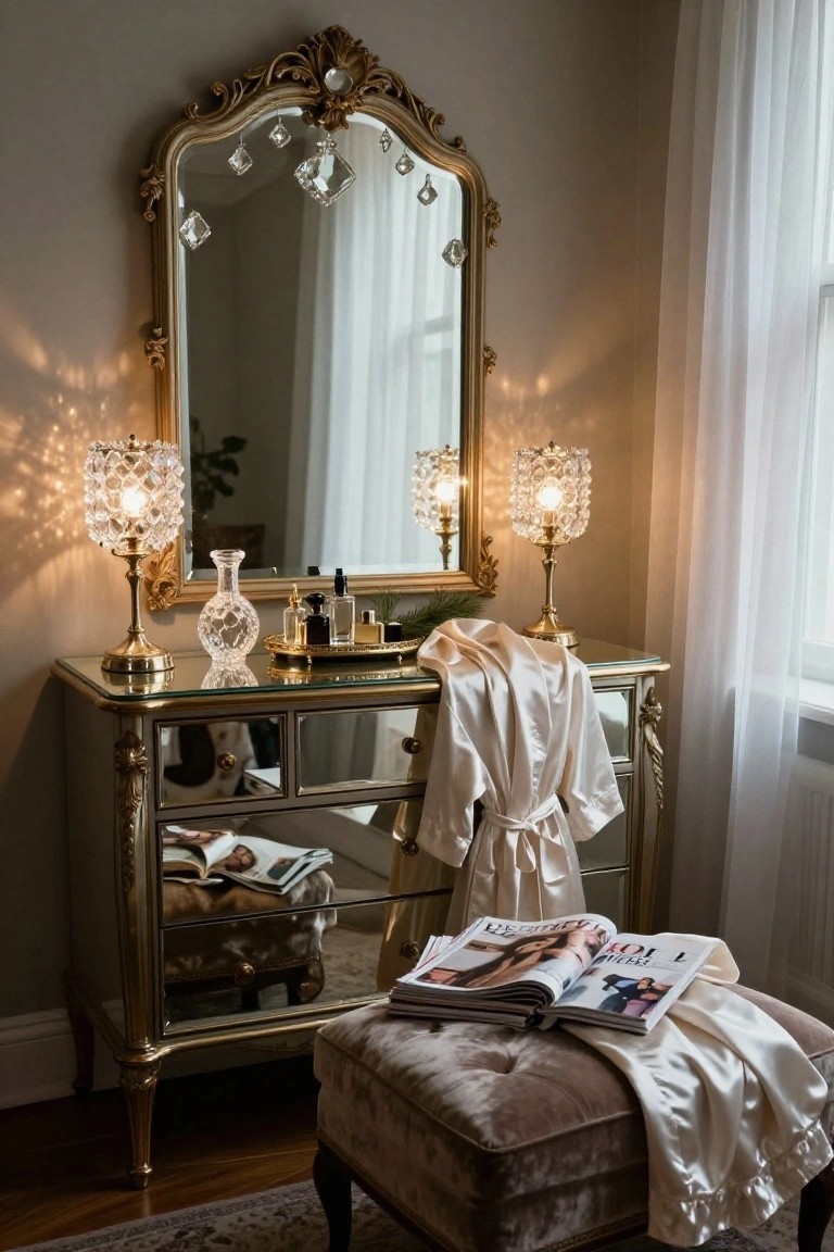 Gold ornate vanity dresser with large arched mirror, two crystal beaded lamps, glass perfume bottles and vase on glass top, white silk robe draped over drawers, open magazines on pink velvet stool, sheer curtains and potted plant nearby.