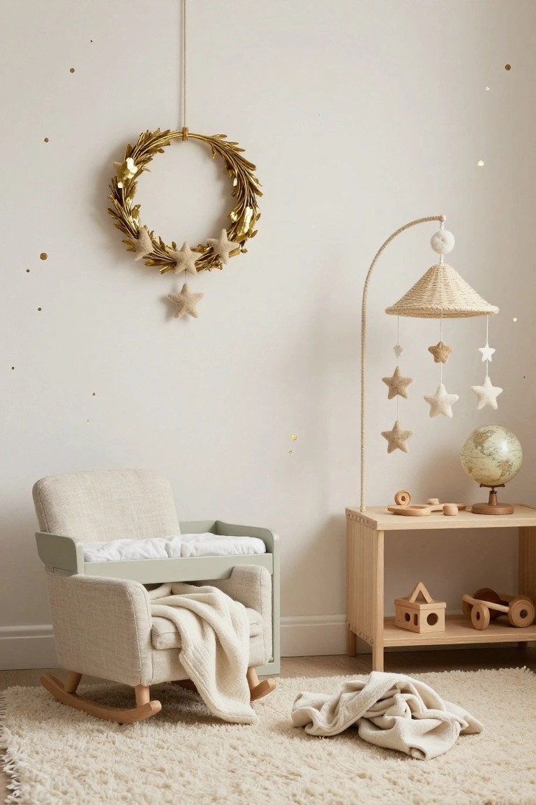 Neutral-toned nursery with cream rocking chair that has a changing tray, wooden toys on a light wood shelf, rattan floor lamp with hanging felt stars, and gold metallic laurel wreath on white wall.