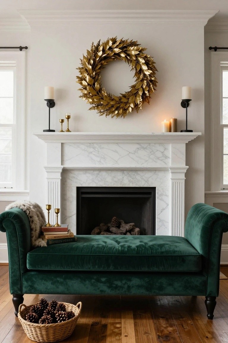 A large gold leaf wreath hangs above a white marble fireplace mantel in a formal living room, with gold candlesticks on the mantel, a green velvet chaise lounge in front, and a basket of pinecones on the wood floor.