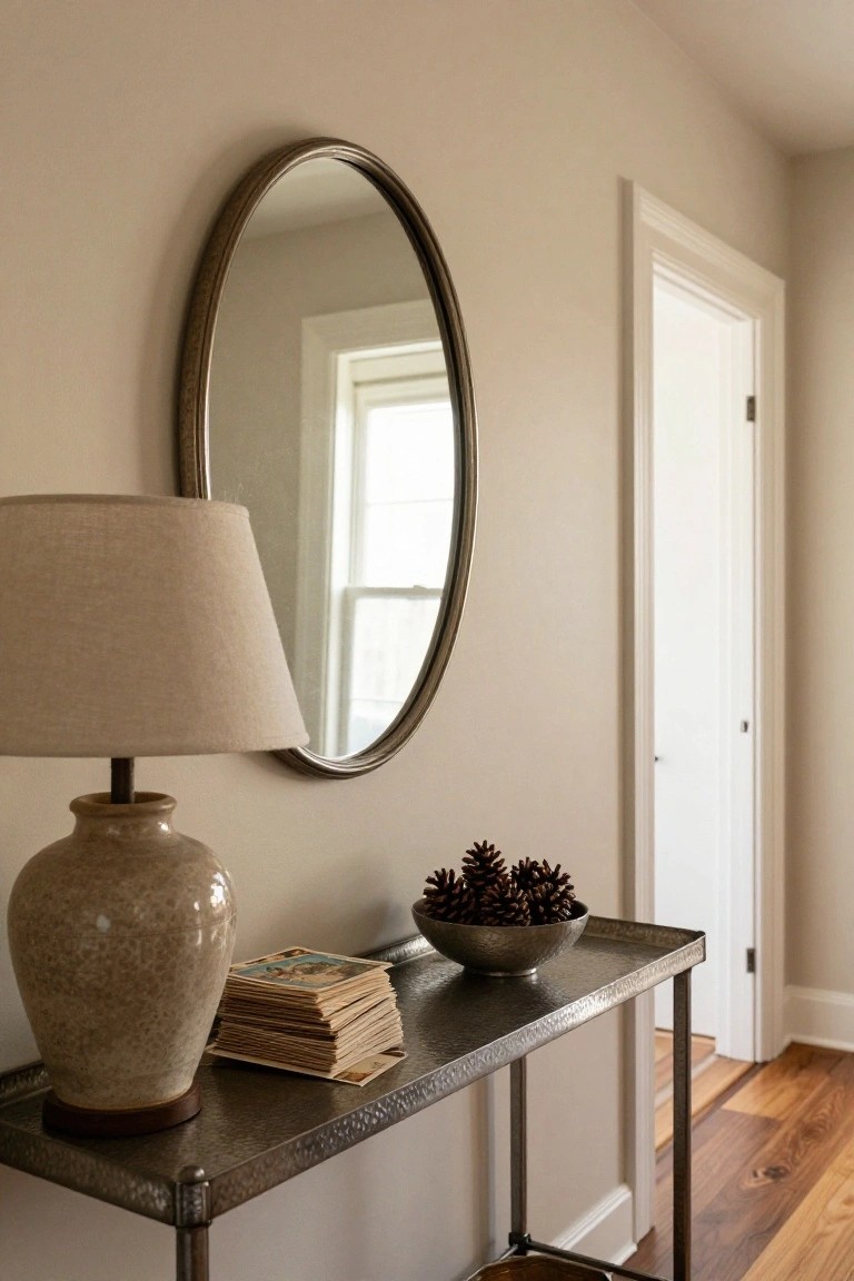 Beige interior hallway with oval brass-framed mirror on wall, hammered metal console table holding beige lamp on ceramic base, stack of old photos, silver bowl of pinecones, and open white door revealing wood floor.