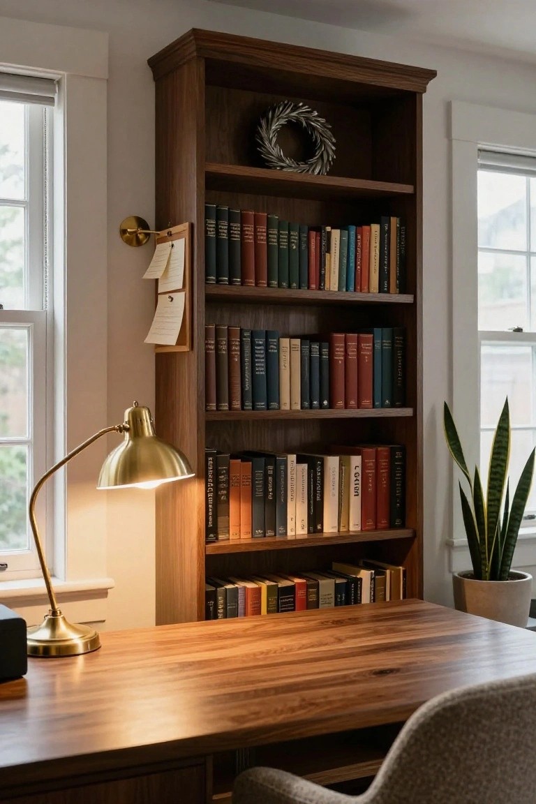 Tall wooden bookshelf filled with colorful books and topped with a metallic wreath in a home office with wooden desk, brass lamp, snake plant, and windows.