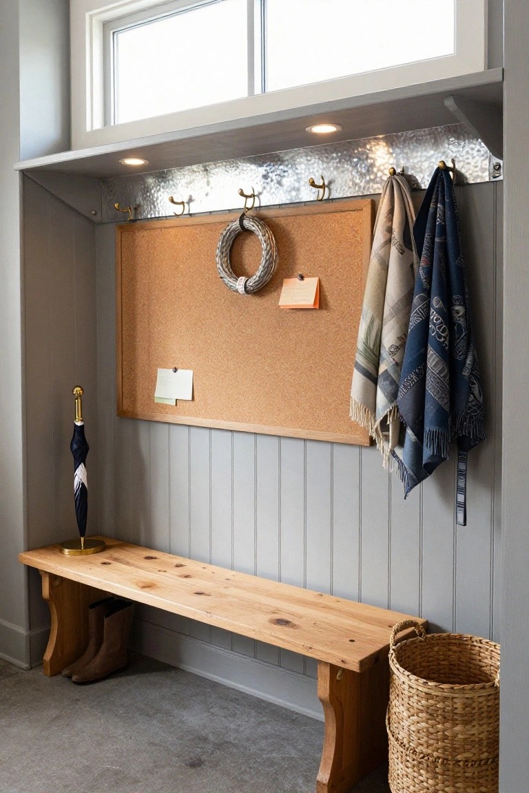 Gray shiplap mudroom wall with corkboard displaying rope wreath and notes, hammered metal shelf above with hooks holding scarves and coats, wooden bench with boots below, umbrella stand, and wicker basket.