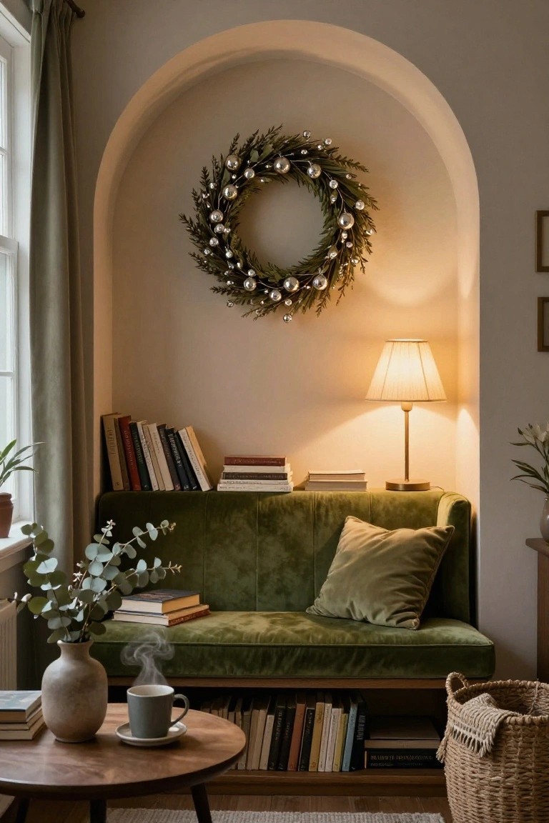 Arched interior wall recess with green velvet bench seat, bookshelves, lamp, potted eucalyptus, coffee table with mug, and metallic Christmas wreath hung centered above the bench.