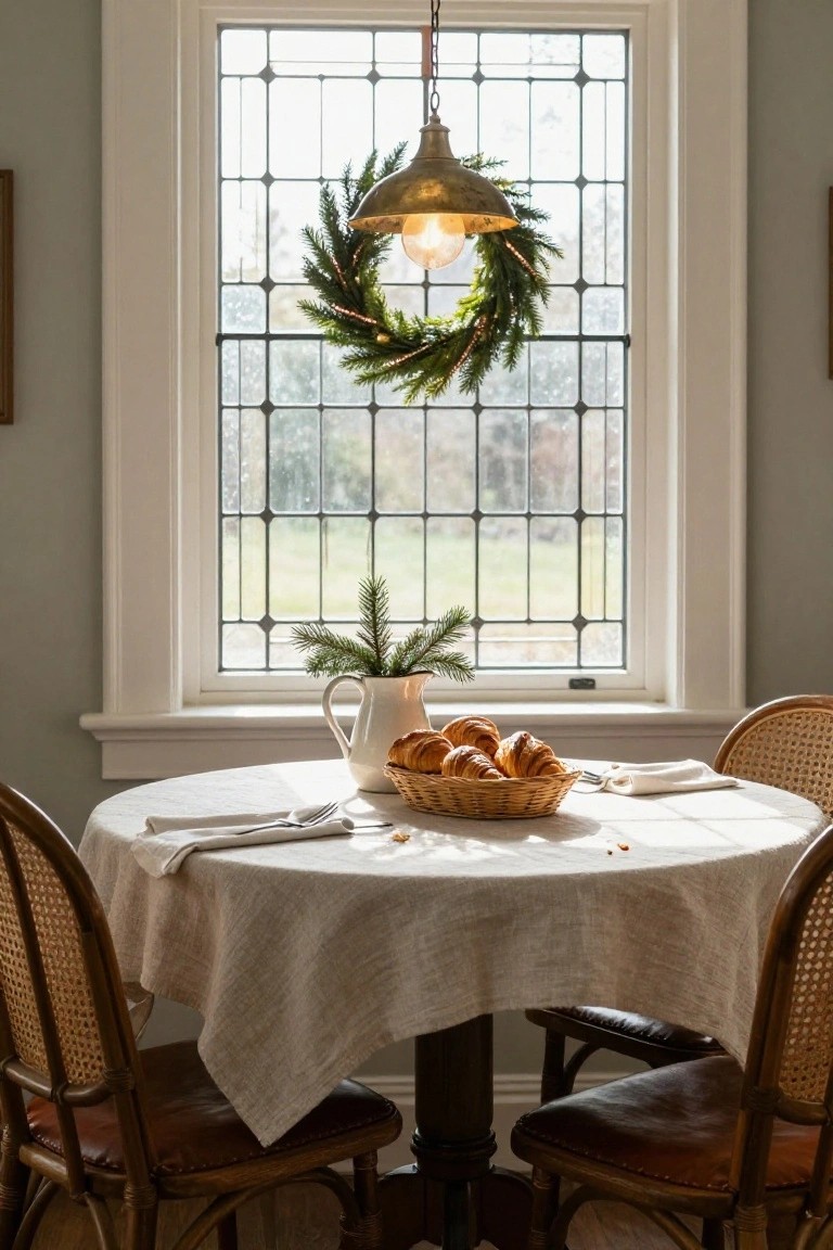 Tall leaded glass window with lit evergreen Christmas wreath and brass pendant light above a round linen-draped dining table set with croissants in a basket, white pitcher holding fir branch, napkins, and silverware, surrounded by rattan chairs with leather seats.