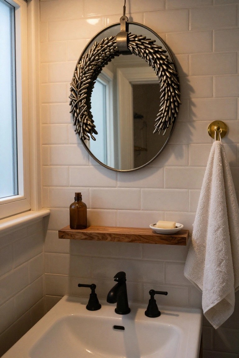 Round mirror encircled by metallic wheat-stalk wreath above white sink with black faucet, wooden shelf holding soap dish and amber bottle, white subway tile walls, gold towel hook with white towel in bathroom.