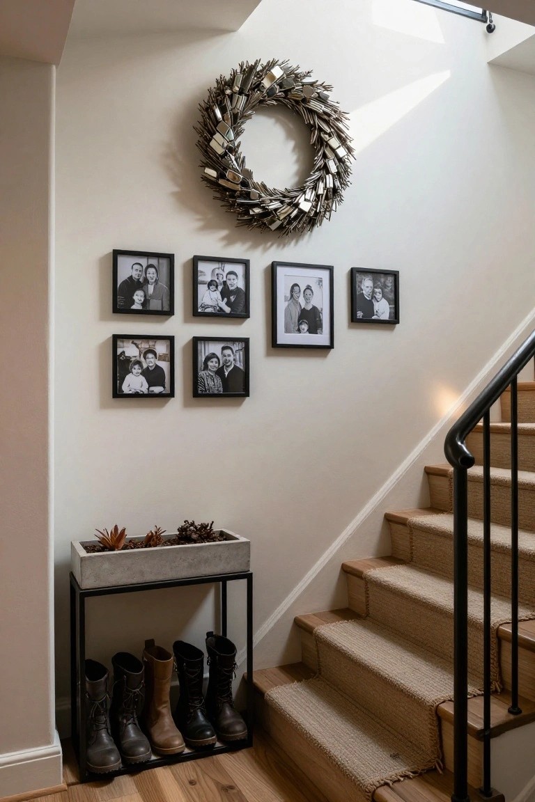 White stairwell wall with a large metallic leaf wreath centered above six black-framed family photos, a concrete planter with succulents and pinecones on a black metal stand holding four pairs of boots at the base, wooden stairs with beige carpet runner.