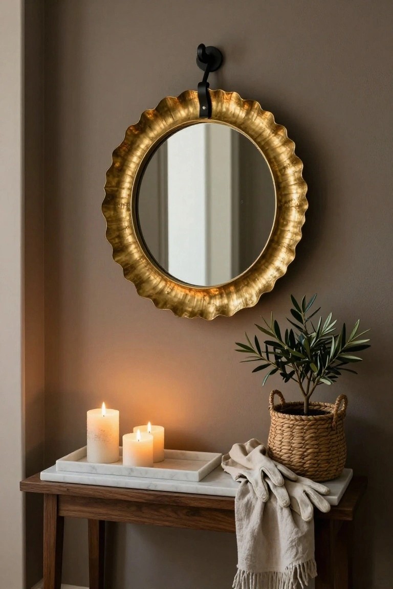 Round gold scalloped mirror on taupe wall above wooden console table with white candles on marble tray, potted olive plant in woven basket, beige gloves, and linen throw draped over edge